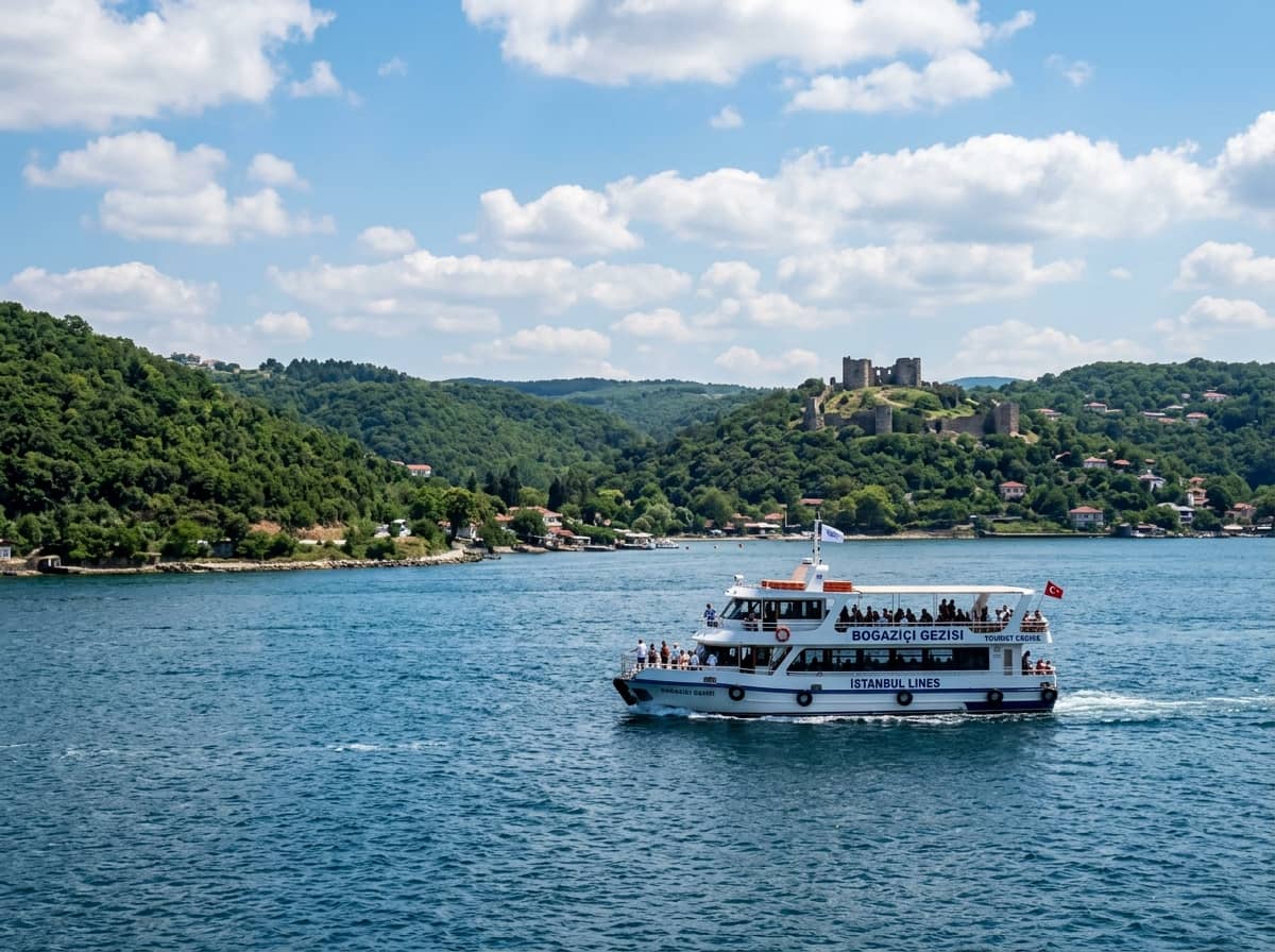 Sightseeing tour boat cruising along the lush green hills of the northern Bosphorus toward Anadolu Kavagi