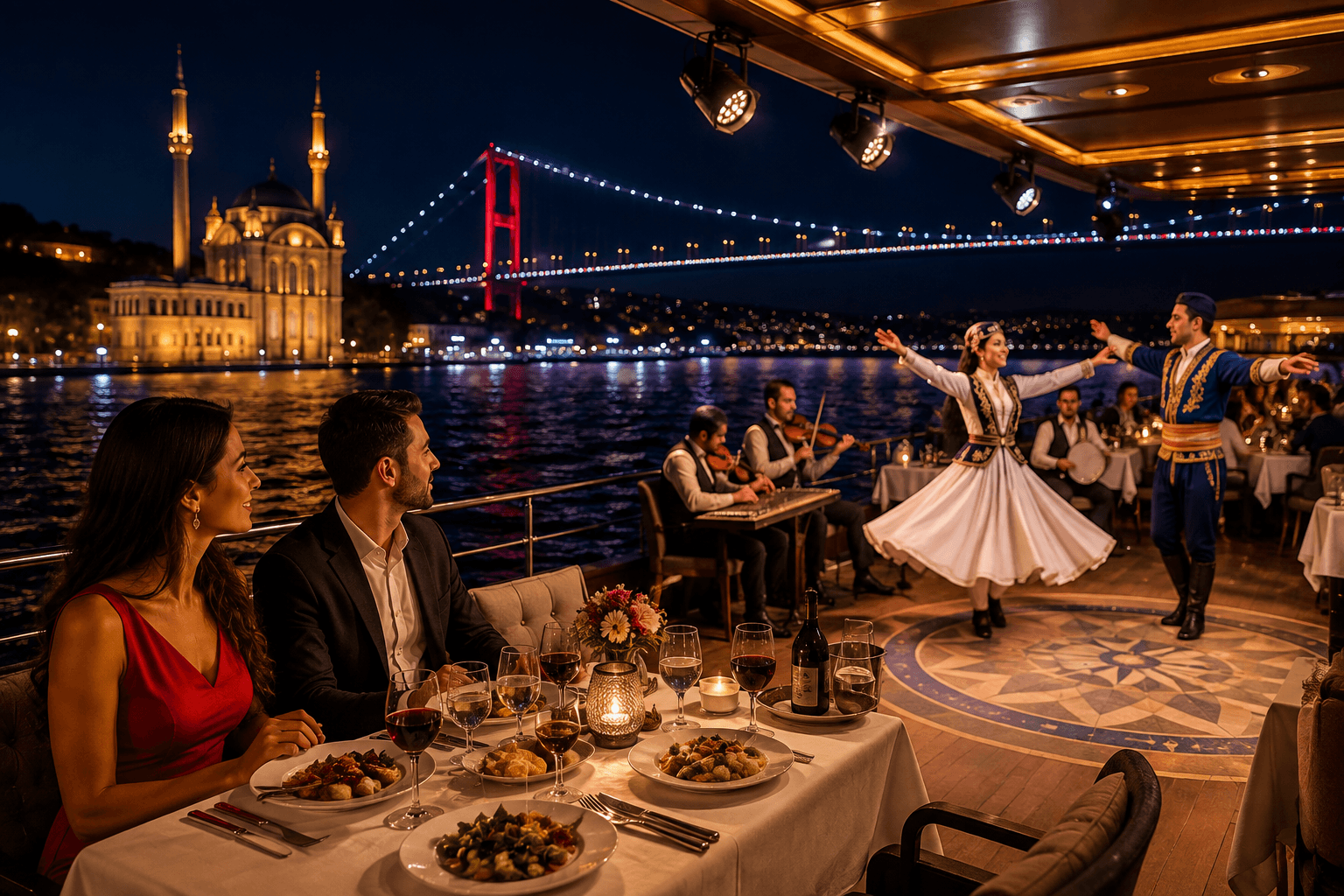 Bosphorus dinner cruise in Istanbul with Turkish night show, live music and illuminated city views.
