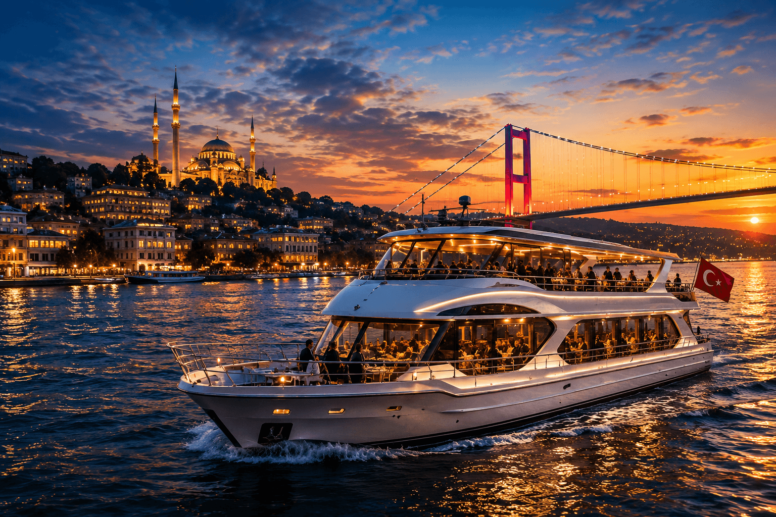 Bosphorus boat cruise in Istanbul at sunset with a luxury yacht, illuminated city skyline and Bosphorus Bridge.